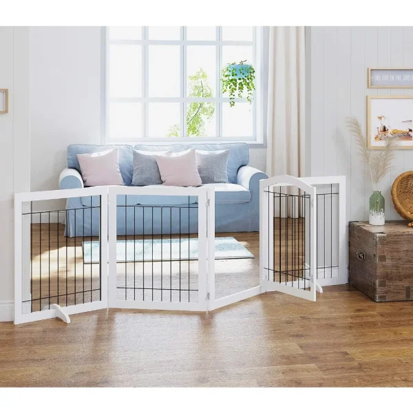 96-inch X 30-inch Tall Freestanding Dog Gate with Door, Support Feet Included